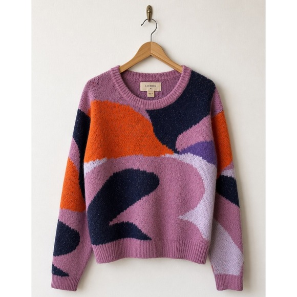 Ciebon Sweaters - Ciebon Abstract Intarsia Knit Sweater Women Medium Purple Orange Artsy Y2K Bold